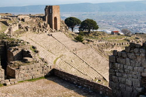 People walking in the area of Pergamon's ancient theater in Izmir province, Turkey