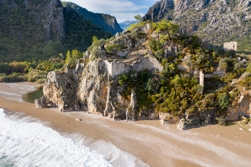 The sea and beach of Olympos (Olimpos) historic ancient city Hellenistic Roman Byzantine period, Kemer, Antalya, Turkey