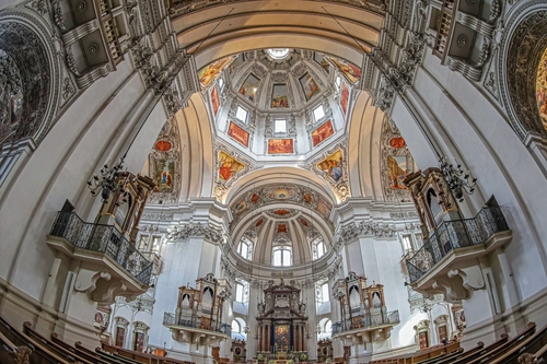Interior view of the medieval Salzburg Cathedral, the 17th century Baroque cathedral dedicated to Saint Rupert and Saint Vergilius. Founded in 774, rebuilt in 1181, Austria