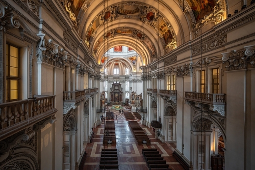 Interior view of the medieval Salzburg Cathedral, the 17th century Baroque cathedral dedicated to Saint Rupert and Saint Vergilius. Founded in 774, rebuilt in 1181, Austria