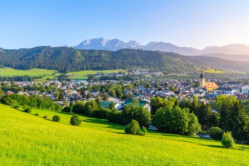 Beautiful landscape view of Schladming-Dachstein with a beautiful quaint village in the background, Austria