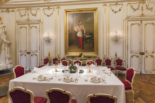 Interior of Schonbrunn Palace, a former imperial summer residence in Vienna, Austria. The 1,441 room Baroque palace is one of the most important architectural monuments in Austria