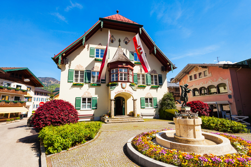 St. Gilgen Rathaus or Town Hall building in the centre of St. Gilgen, Salzkammergut, Austria