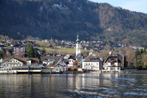 View from the lake of St. Gilgen on Wolfgang See lake, Salzkammergut, Austria