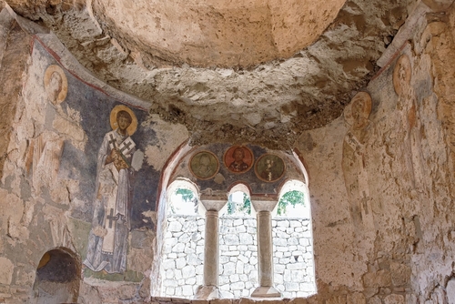 Interior view of Medieval frescos in the St. Nicholas church in Myra, Demre, Antalya, Turkey