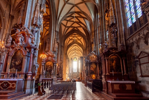 Dramatic interior view of St. Stephen's Cathedral in Vienna, Austria