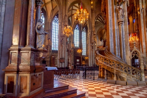 Interior view of the beautiful decorations at St. Stephen's Cathedral in Vienna, Austria