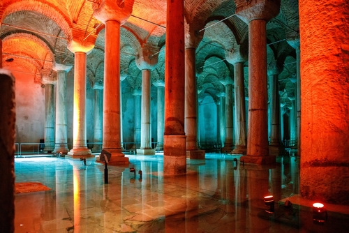The Basilica Cistern, or Yerebatan Sarayi, is an ancient underground water reservoir beneath Istanbul, Turkey