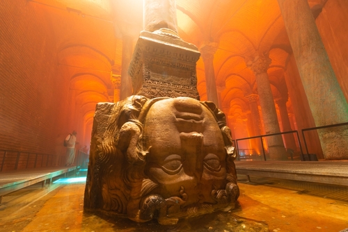 The Medusa Head Pillar in Basilica Cistern or Yerebatan Sarnici in wide angle view from below, Istanbul, Turkey