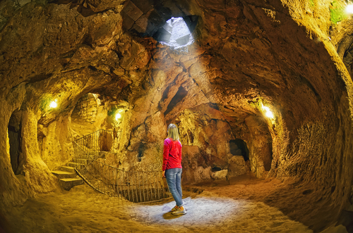 The Derinkuyu underground city is an ancient multi-level cave city in Cappadocia, Turkey