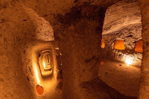 The Derinkuyu underground city is an ancient multi-level cave city in Cappadocia, Turkey