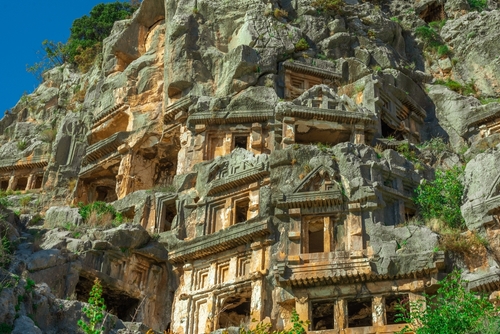Ruins of Rock-cut tombs in ancient Lycian city of Myra. The Lycian way, Demre, Antalya province, Turkey