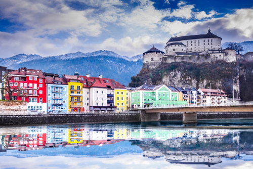 Kufstein old Town with medieval fortress on a rock over the Inn river, Alps Mountains, Austria