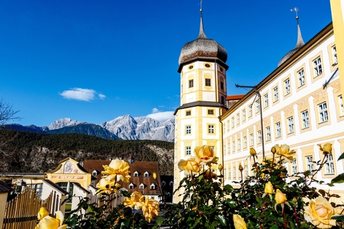 Exterior of Stams Abbey (Stift Stams) in Stams, Tirol, Austria, on a beautiful Sunny day