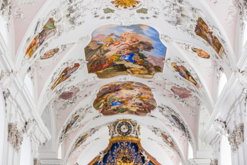 Details of the decoration of the collegiate church of Stift Stams, a baroque Cistercian abbey in the municipality of Stams, state of Tyrol, western Austria