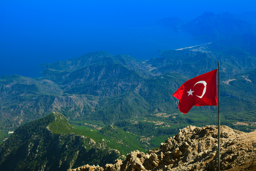 Aerial view of Olympos and mountain range of Central Taurus from top of Tahtali, Kumluca district, Antalya Province, Turkey