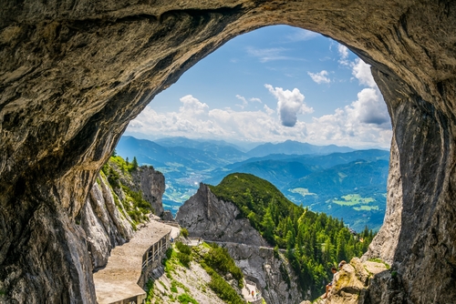 View of the Berchtesgaden alps from the Eisriesenwelt, Werfen Ice Cave in Austria