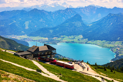 View of Wolfgangsee lake from Schafberg mountain, Salzkammergut, Ried, Salzburgerland, Austria