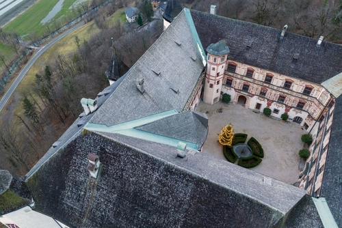 Aerial view of the Renaissance Tratzberg Castle at winter twilights in Tyrol, Austria