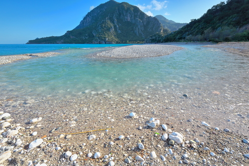 Ulupinar river mouth-southern end of the 3kms long secluded beach, mixture of fine sand and pebbles, Antalya, Turkey