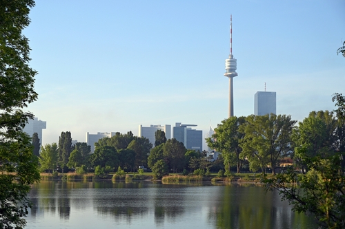The Danube Tower and the Vienna cityscape, Danube riverside in the morning, Austria