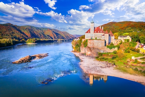 Wachau Valley, Austria. Small castle Schonbuhel above the Danube River in the romantic autumn sunlight, near Vienna, Lower Austria, Austria