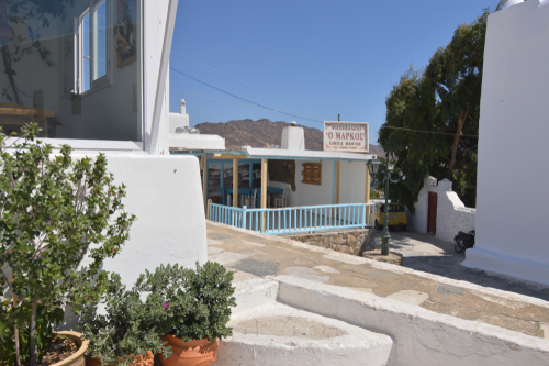 View of typical Greek restaurants in Ano Mera village, on the Island of Mykonos, Cyclades Islands, Greece