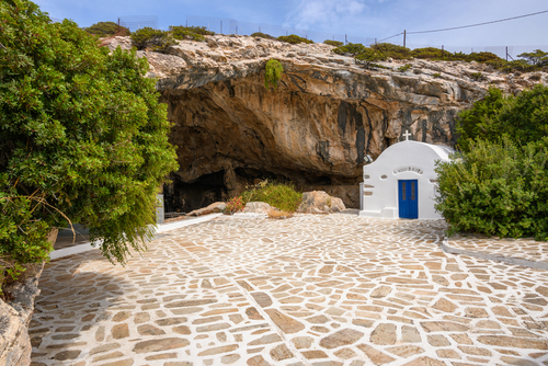 Small chapel of Agios Ioannis Spiliotis at the entrance of Antiparos Cave, on the southern side of the Antiparos Island near Paros Island, Cyclades Islands, Greece