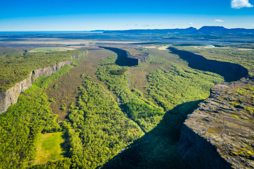 View of Asbyrgi, a horseshoe-shaped canyon in Jokulsargljufur national park, north Iceland