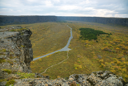 Views from Eyjan rock of Asbyrgi, a horseshoe-shaped canyon in Jokulsargljufur national park, north Iceland
