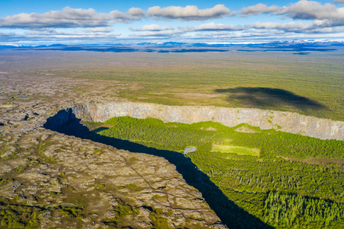 Aerial view of Asbyrgi, a horseshoe-shaped canyon in Jokulsargljufur national park, north Iceland