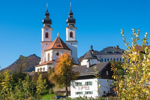 Idyllic baroque church, named Darstellung des Herrn, tourist resort Aschau, Bavaria, Germany