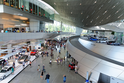 Interior Space of BMW Welt, a multi-functional customer experience and exhibition facility of the BMW. It is designed by COOP HIMMELB(L)AU, Munich, Bavaria, Germany