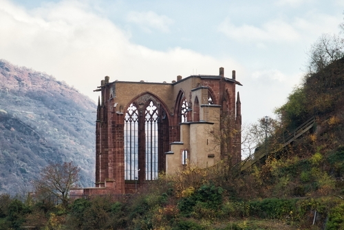 On a fall day, Wernerkapelle, chapel ruins on a hill with colorful plants above Bacharach, Rhine Valley, Rhineland-Palatinate, Germany