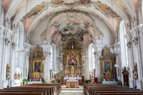 Interior view of the church Mariä Himmelfahrt in Bad Toelz, Bavaria, Germany