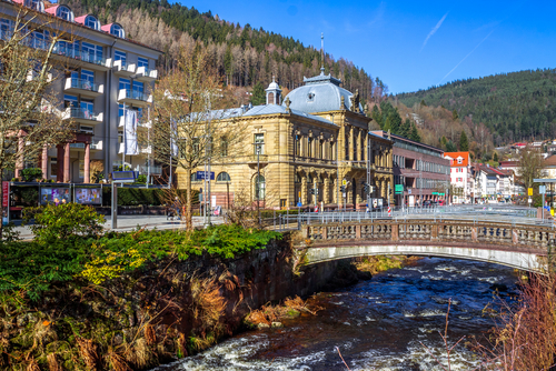 View of the river and the town of Bad Wildbad in the Black Forest, Baden-Württemberg, Germany