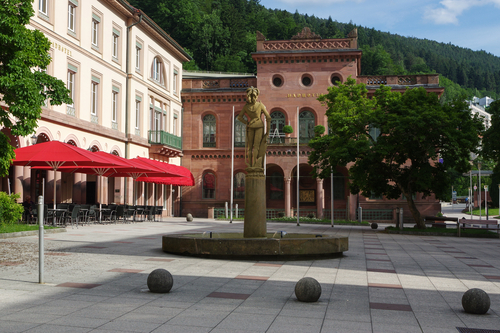View of the square Kurplatz, Palais Thermal former Badhotel in Bad Wildbad, Baden-Wuerttemberg, Schwarzwald Black Forest, Germany
