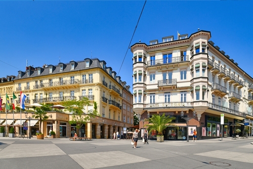 Town square called Leopoldsplatz in historic city center of SPA town Baden-Baden on a Sunny Summer day in The Black Forest, Baden-Wurttemberg, Germany