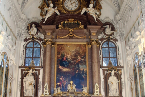 Interior view Main altar, Saint Benedict basilica in the famous Benediktbeuern abbey, Bavaria, Germany