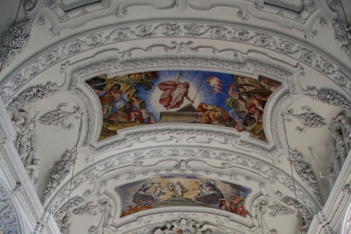 Interior view of the ceiling in Saint Benedict basilica in the famous Benediktbeuern abbey, Bavaria, Germany