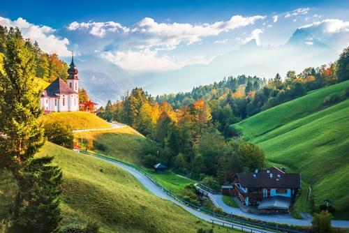 Autumn landscape with famous Maria Gern church and Watzmann Mountain, Berchtesgaden National Park, Bavaria, Germany