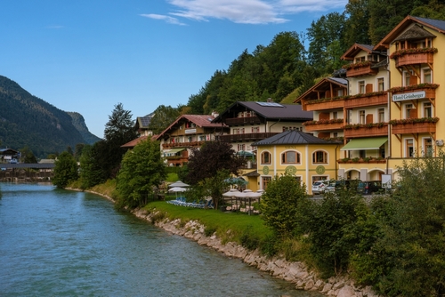 Beautiful view of riverside houses in Berchtesgaden town, Bavaria, Germany