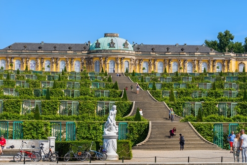 Sanssouci Palace and gardens in Sanssouci Park, Frederick the Great, King of Prussia 18th century summer residence, city landmark, UNESCO World Heritage Site, Potsdam near Berlin, Germany