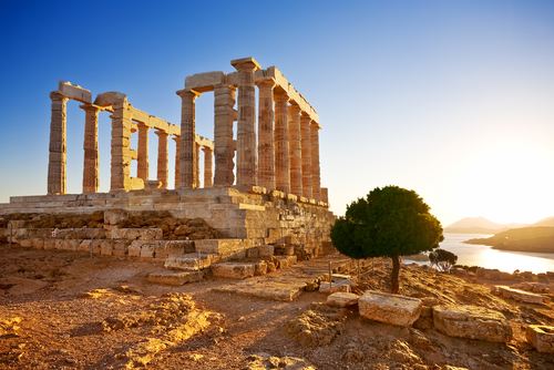 View of the Temple of Poseidon on Cape Sounion near Athens, at the edge of Attica, Greece, before Sunset