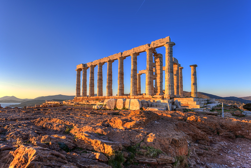 Rear view of the Temple of Poseidon on Cape Sounion near Athens, at the edge of Attica, Greece