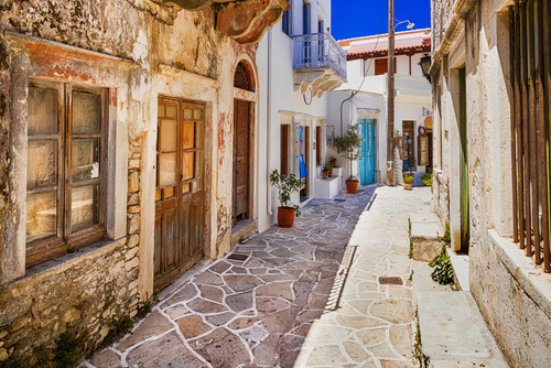 Charming narrow streets of traditional Greek village of Chalkio, Naxos Island, Cyclades Islands, Greece