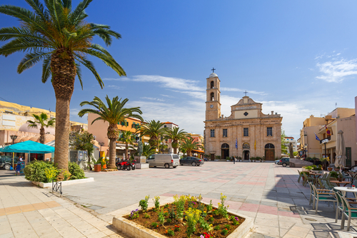 View of the square with the Orthodox Cathedral in the old town of Chania on the Island of Crete, Greece