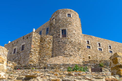 View of an old Venetian castle in the town of Chora, Naxos Town, on the Island of Naxos, Cyclades Islands, Greece