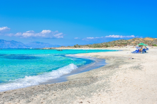Exotic view of Chryssi island at the south of the Island of Crete, with the amazing Golden Beach and the amazing turquoise waters, near Agios Nikolaos, Lasithi, Greece