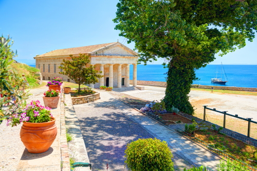 View of a classical Greek temple in Kerkyra, Corfu (Kerkyra) Island capital, Greece